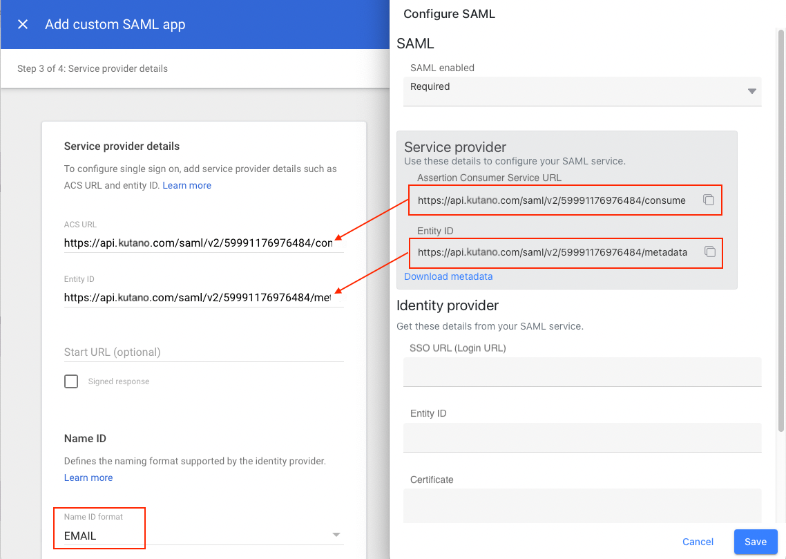 Copy Kutano SAML credentials