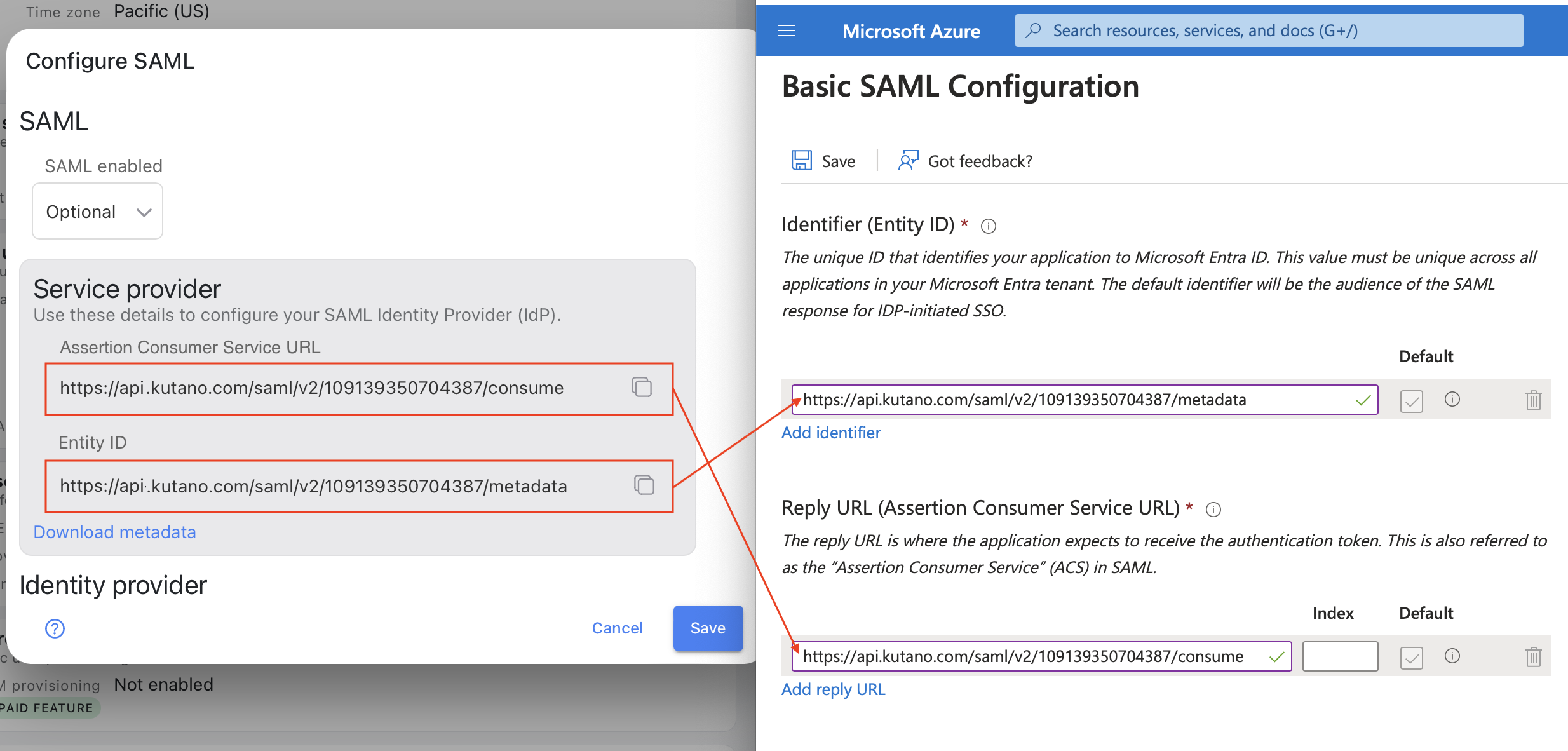 Copy SAML Azure to Kutano