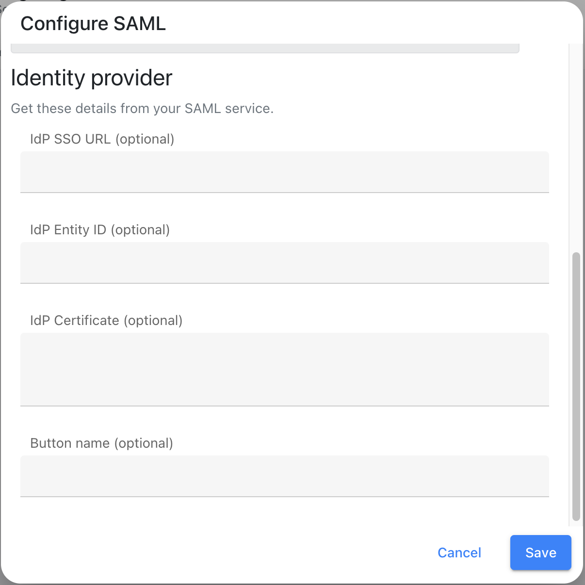 Configure SAML dialog