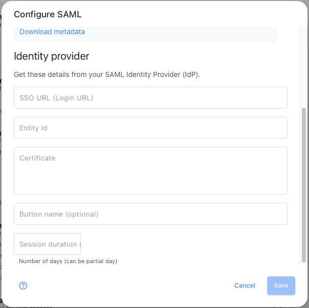 Configure SAML dialog