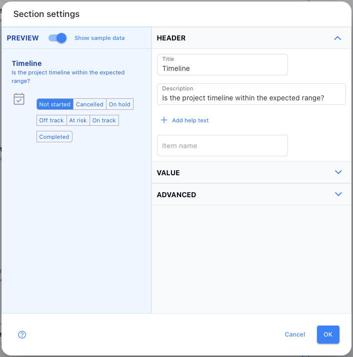 Edit section dialog
