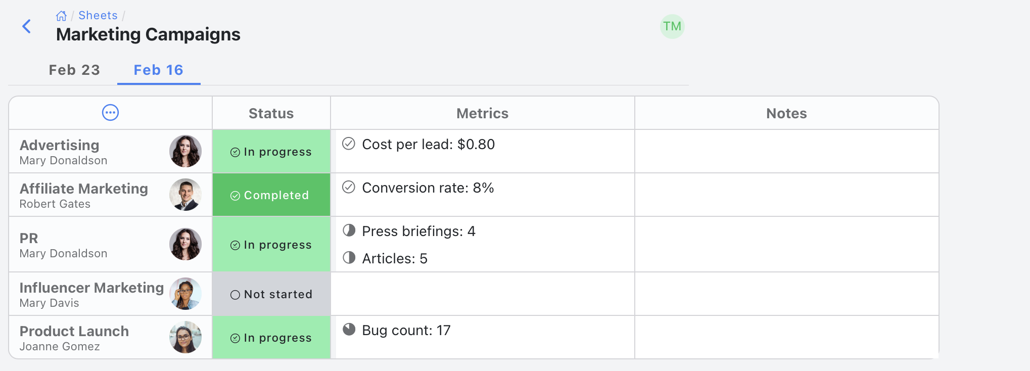 project-oriented status sheet