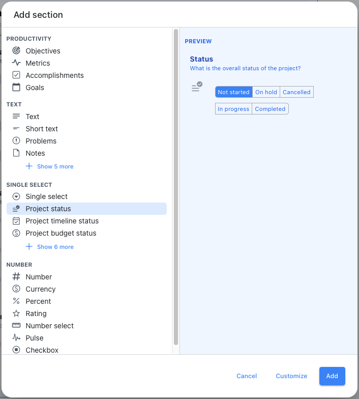 Add section dialog showing available section types