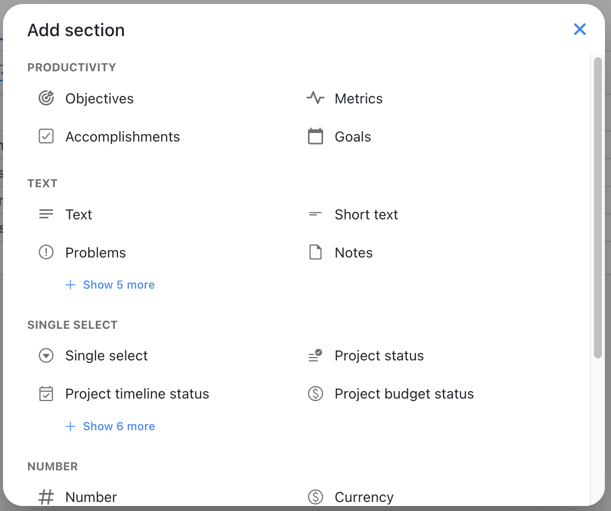 Add section dialog