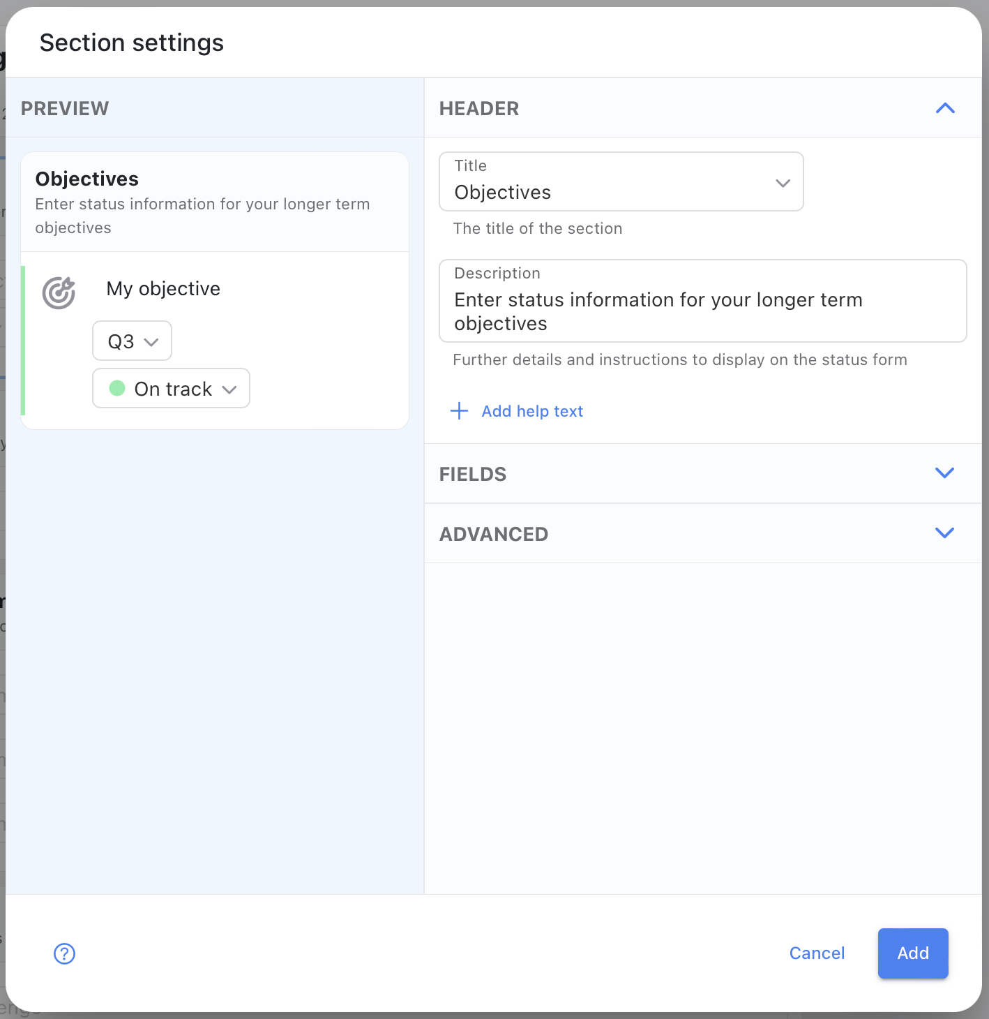 Add objectives dialog