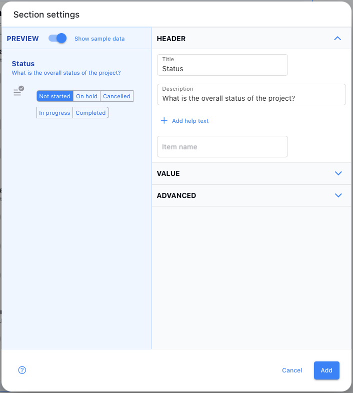 Configuration dialog for an status section