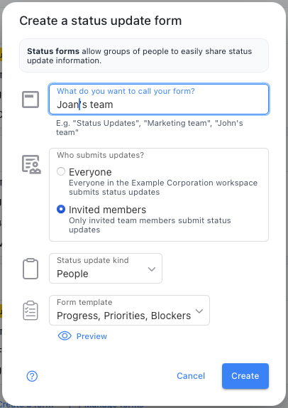 Create status form dialog