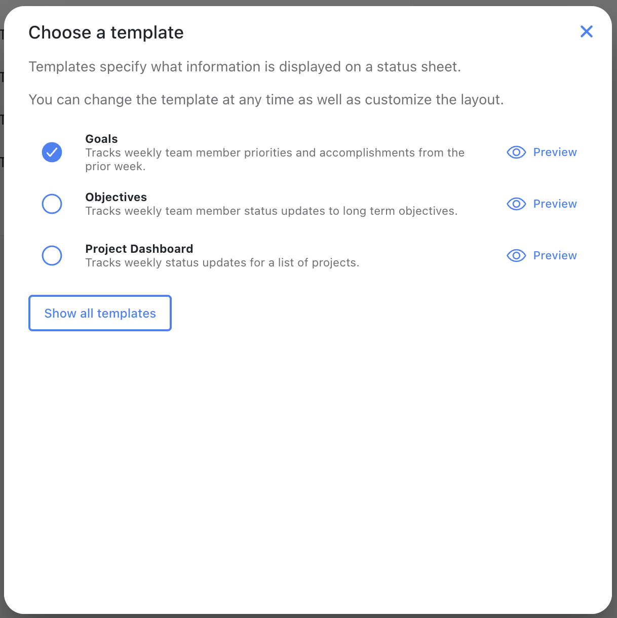 Choose a template dialog