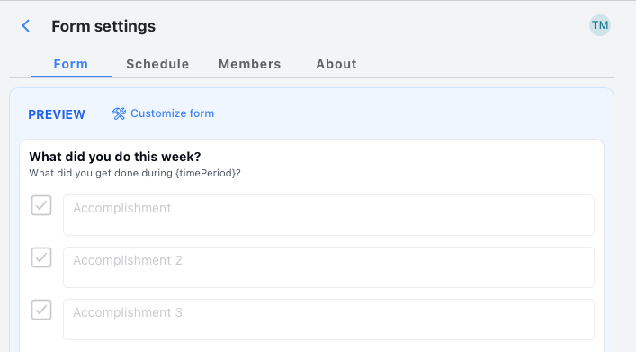 Form settings page