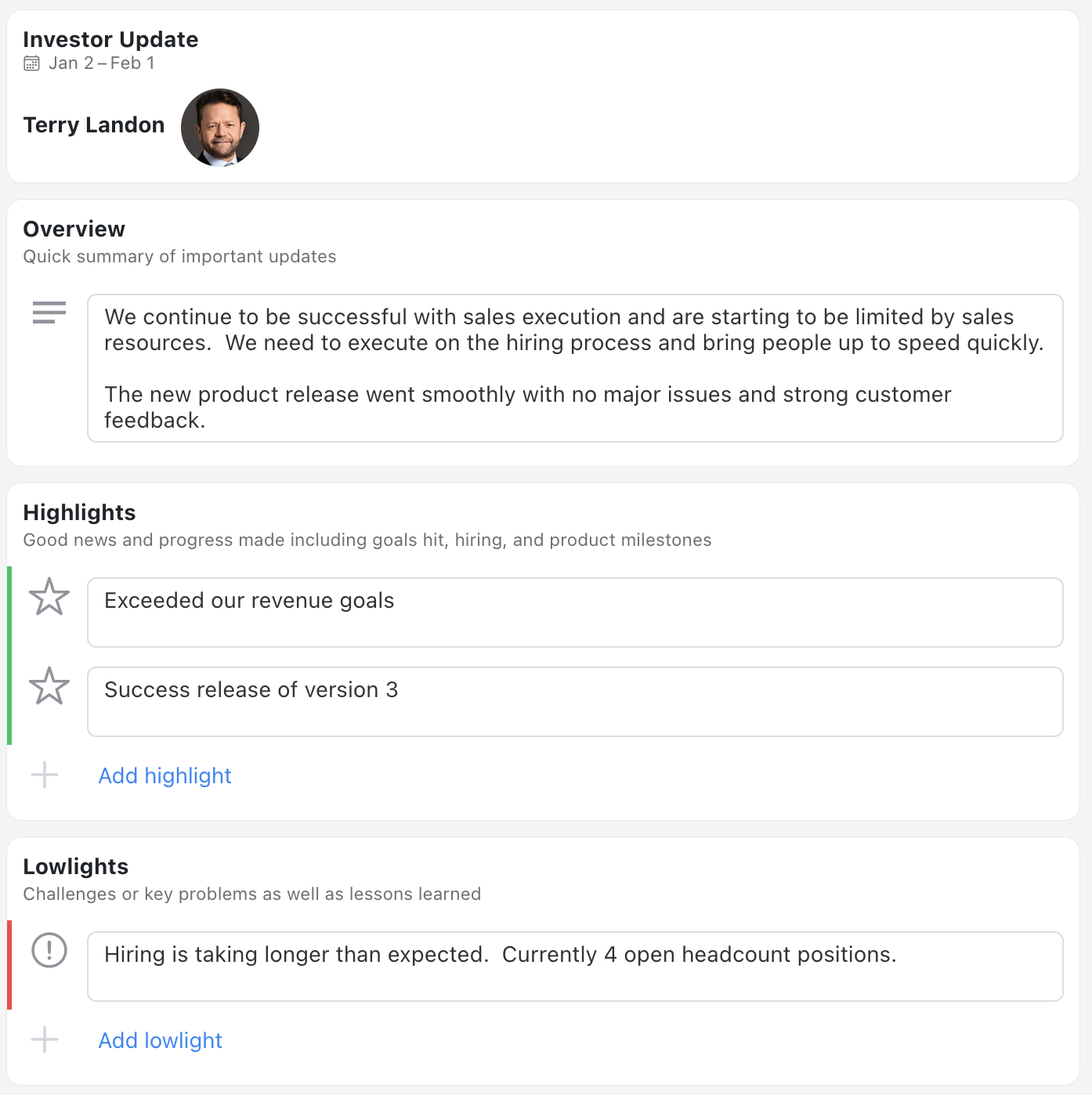 Investor Update Template - Status update
