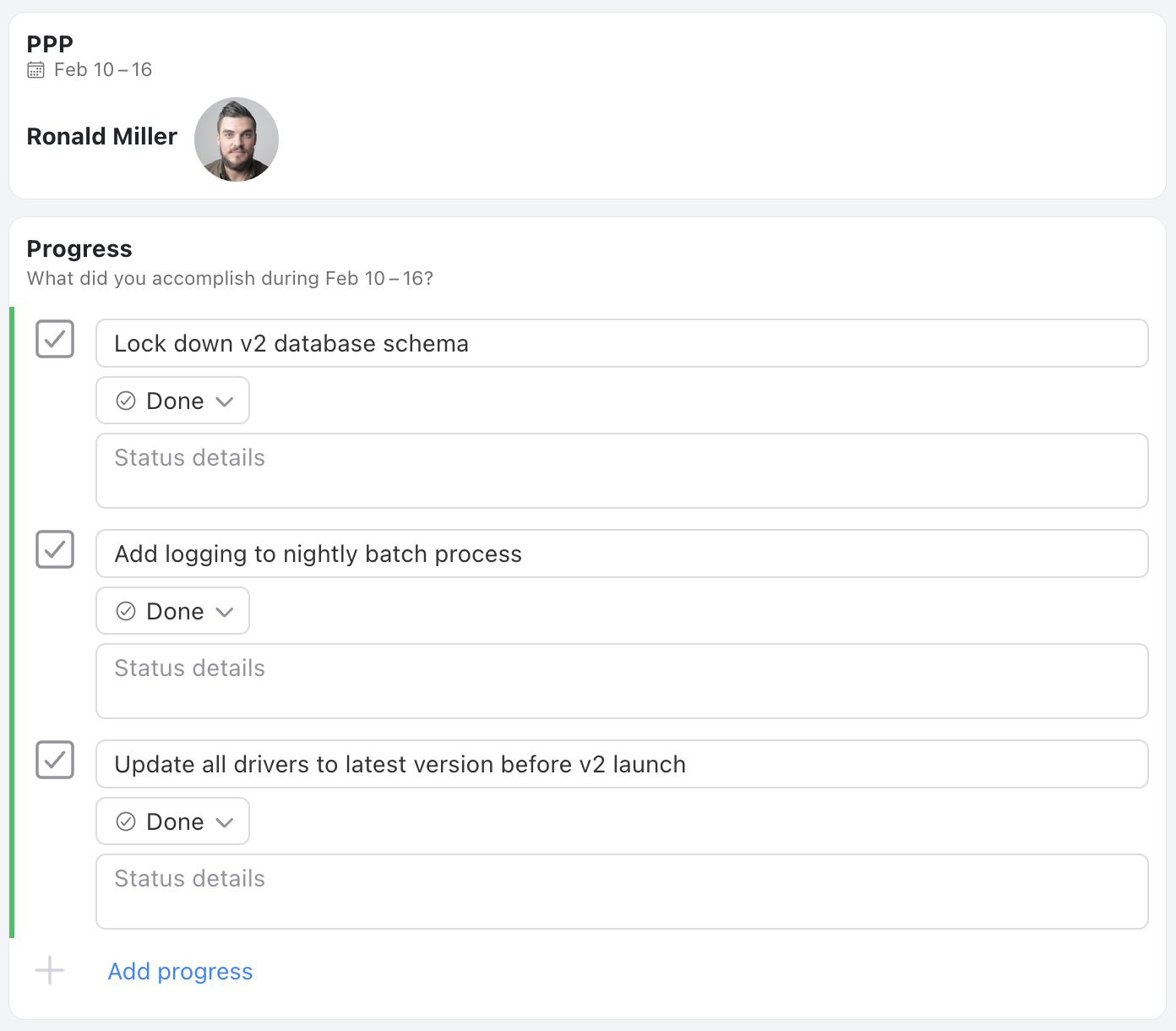 Progress, Plans, Problems Template - Status update