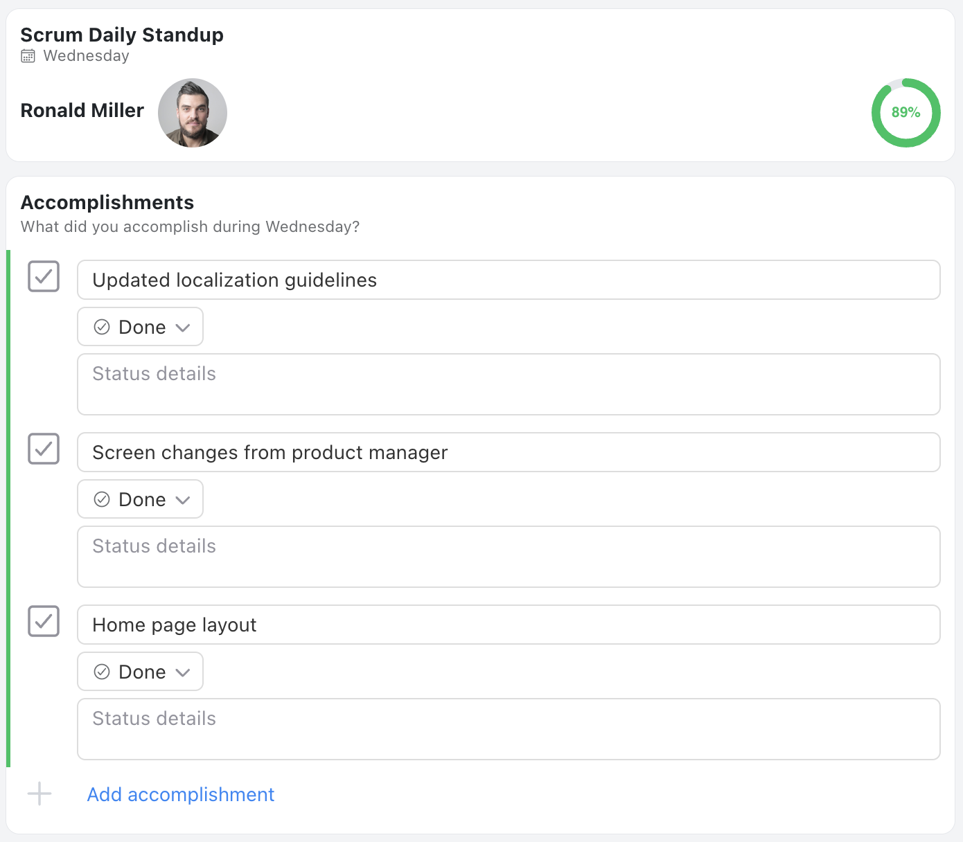 Scrum Daily Standup Template - Status update