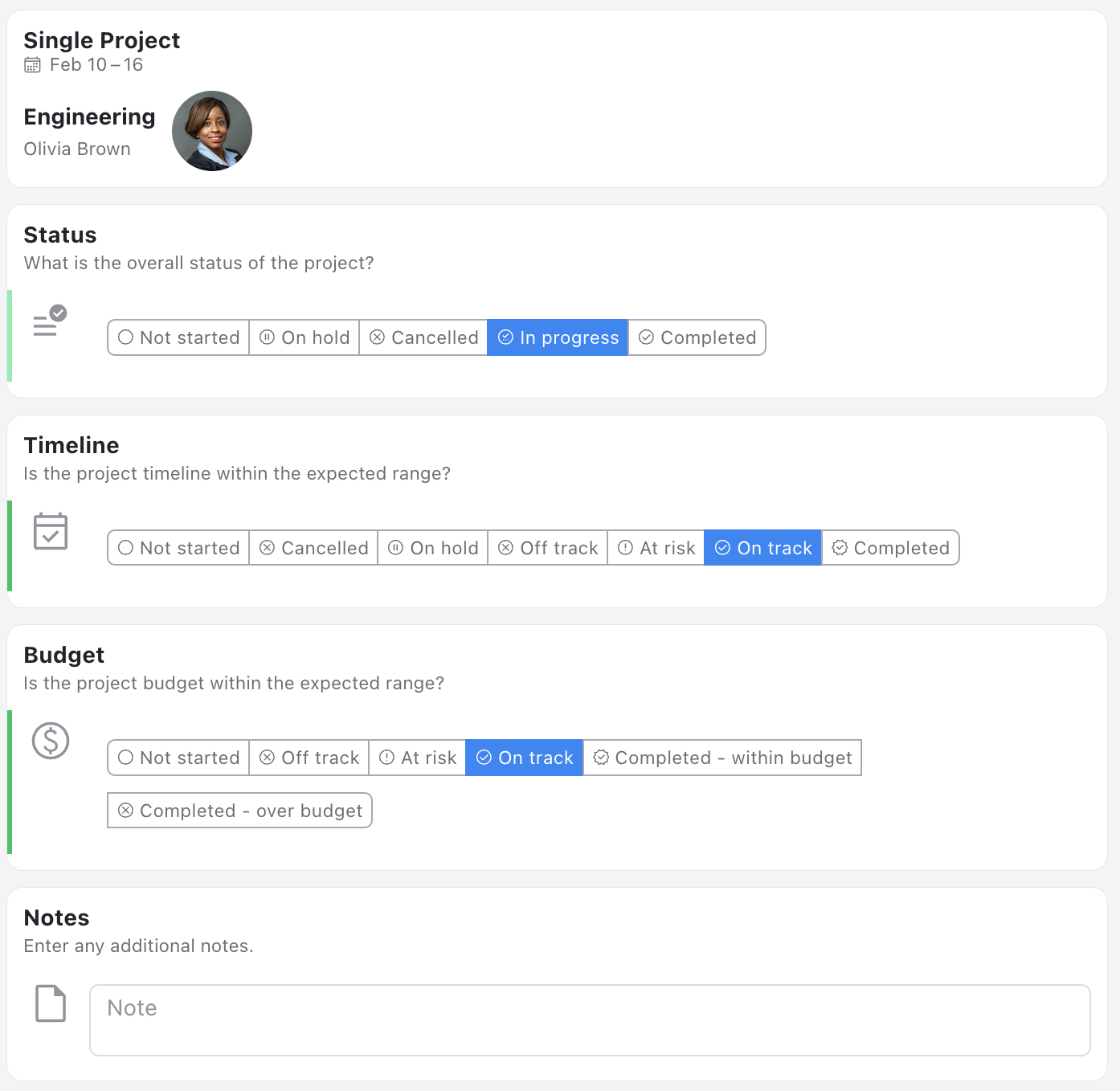 Single Project Template - Status update