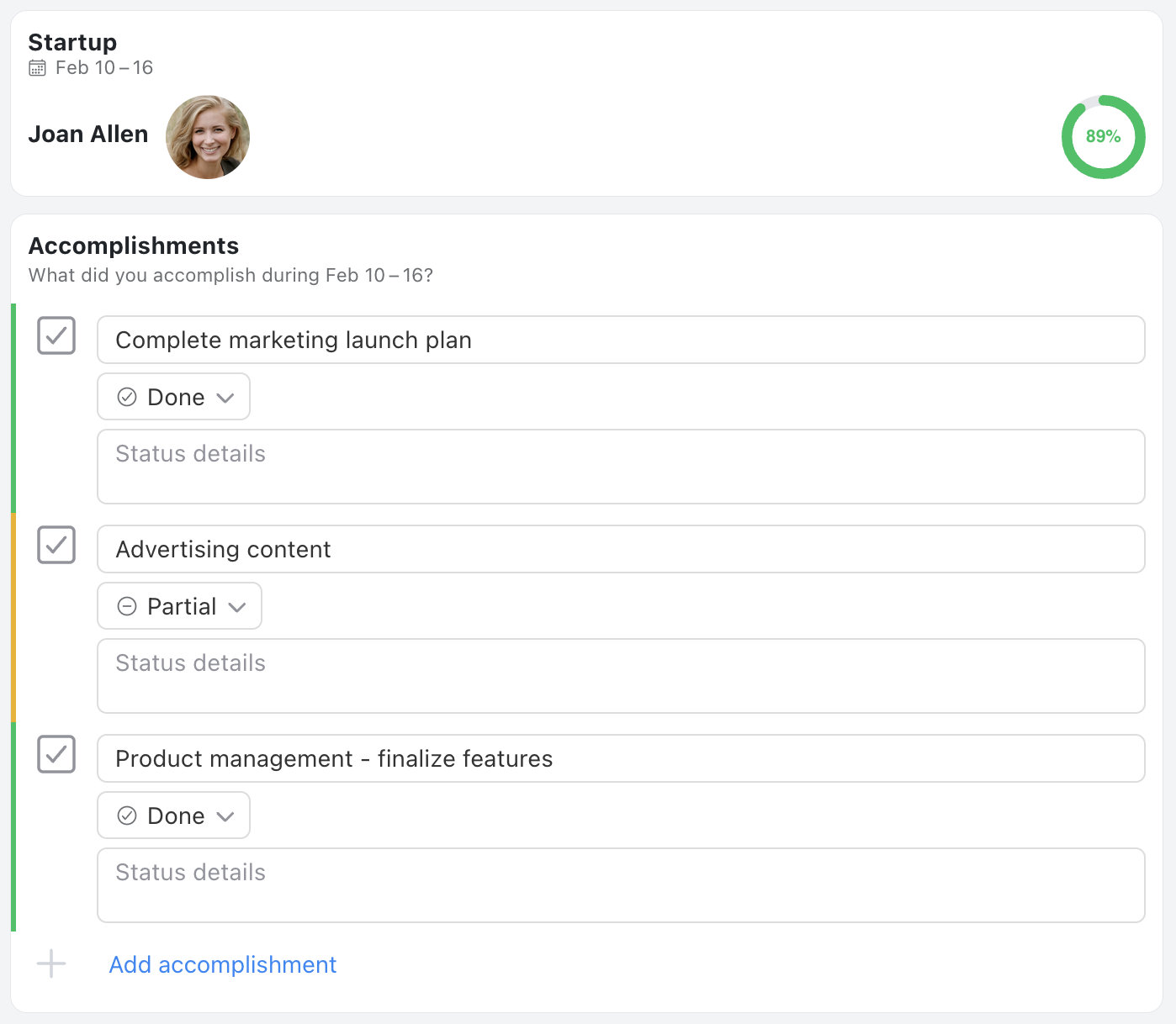 Startup Template - Status update