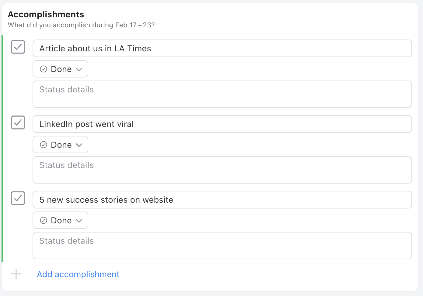 Accomplishments Section - Status update
