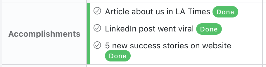 Accomplishments Section - Status sheet