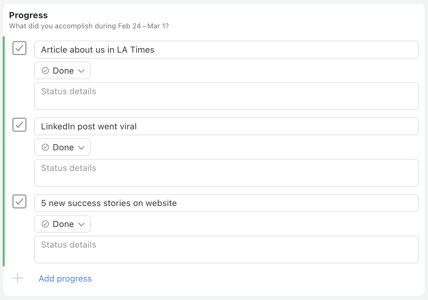 Progress Section - Status update