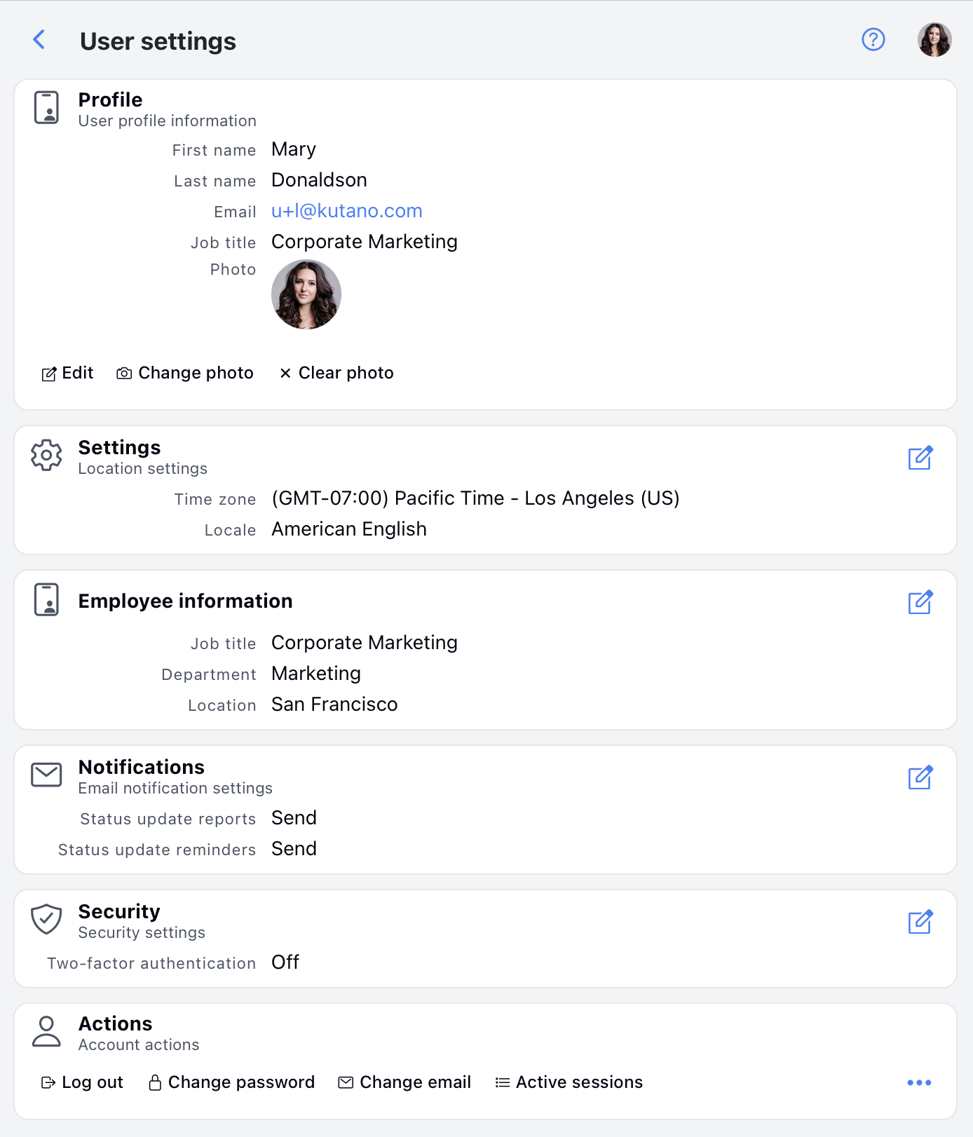 Complete User Settings page showing all sections