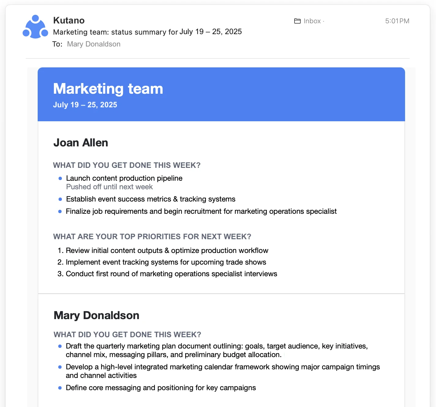 Email screenshot showing streamline summary report for the team